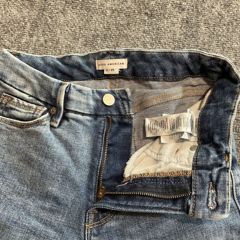 Good American Midrise Straight Jeans Womens 0/25 Light Blue Distressed Denim - Picture 5 of 10